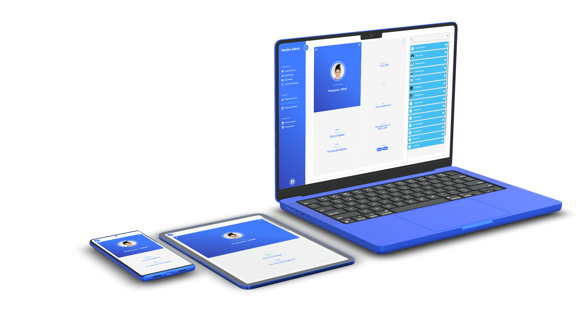 Responsives Design der Mitgliederdetailseite für Desktop, Laptop und Smartphone